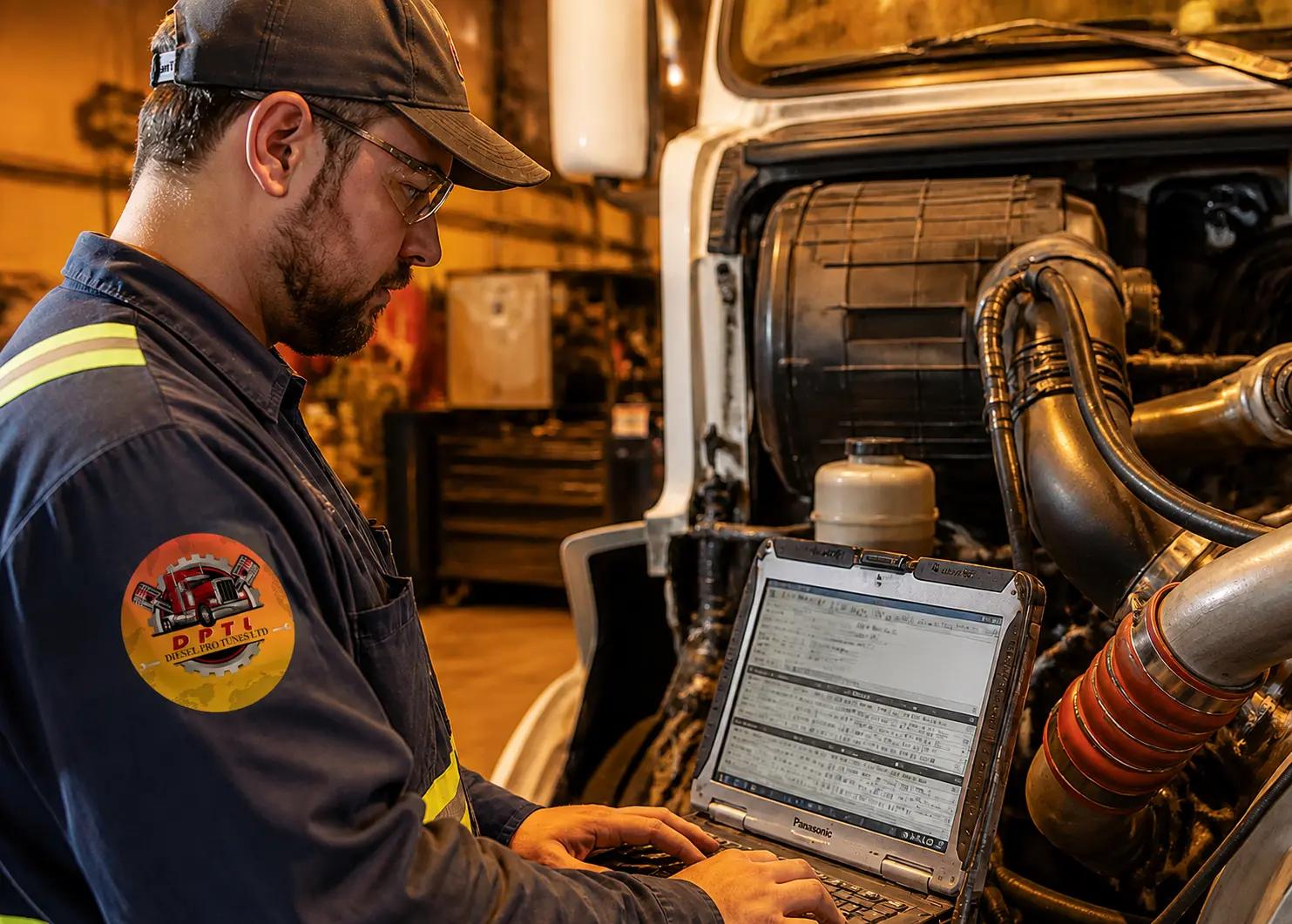 Diesel technician running laptop diagnostics on a heavy-duty truck engine