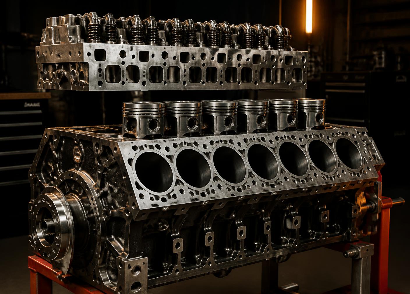 Heavy-duty diesel engine block and pistons prepared for a rebuild