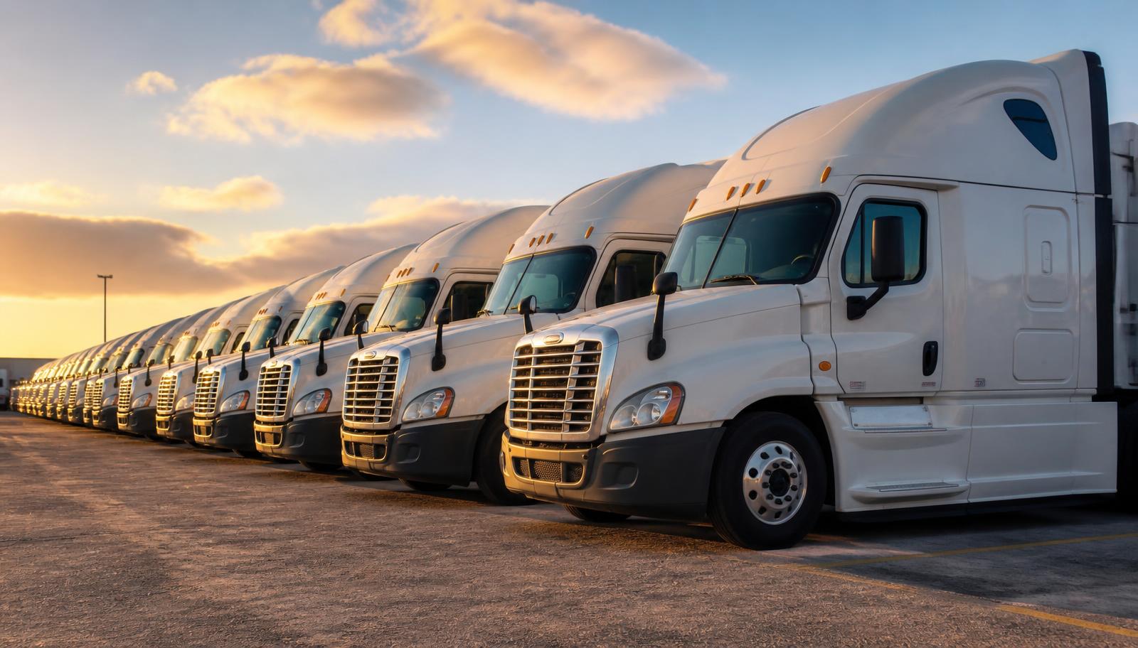 Commercial truck fleet lined up ready for scheduled maintenance