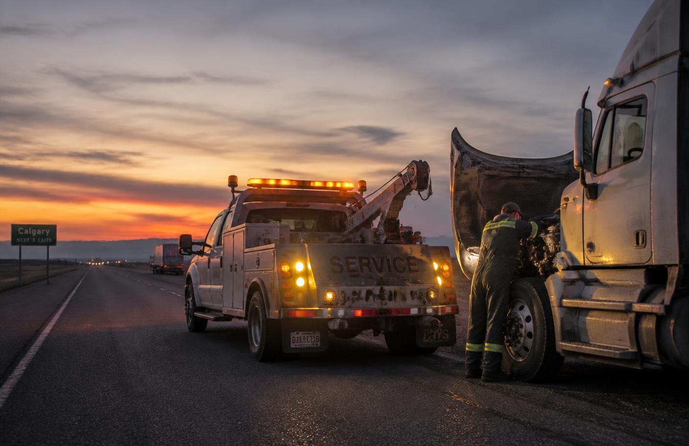 Roadside truck repair on an Alberta highway at dusk